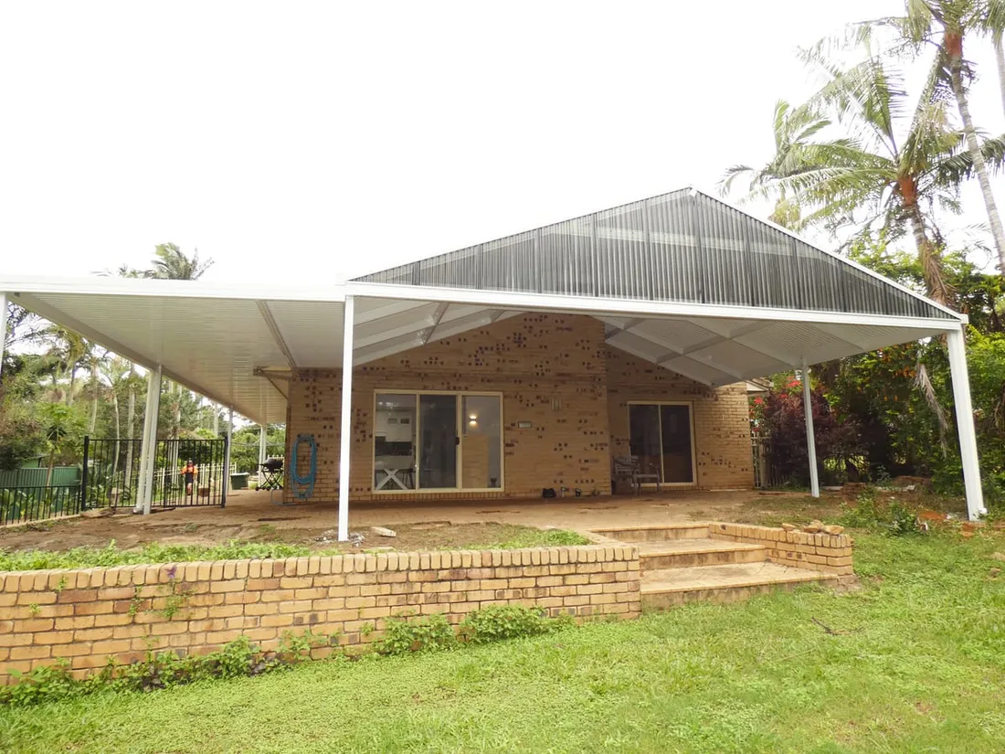 Gable-roof patio over a brick home's rear entertaining area, Queensland